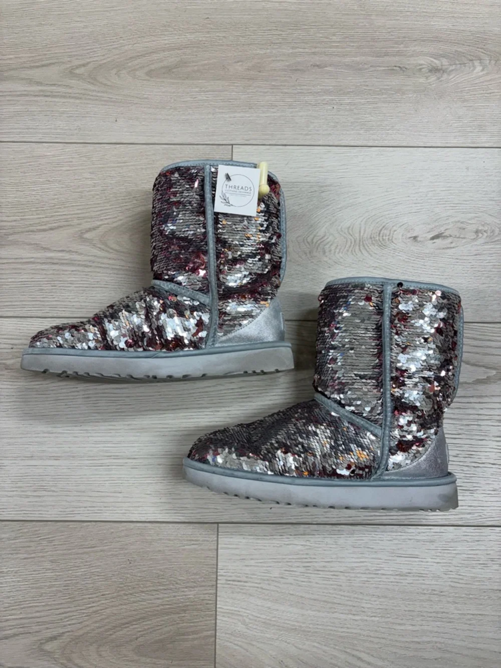 UGG Classic Short Sequin Boots in Pink & Silver